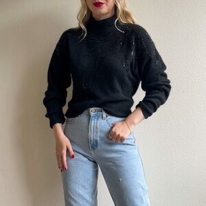 Vintage 1980s Black Turtleneck Sweater With Sequin Details (M/L)